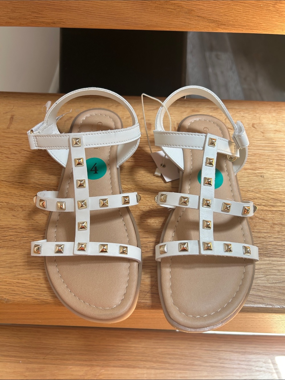 White Studded T-Strap Women's Sandals with Gold Accents